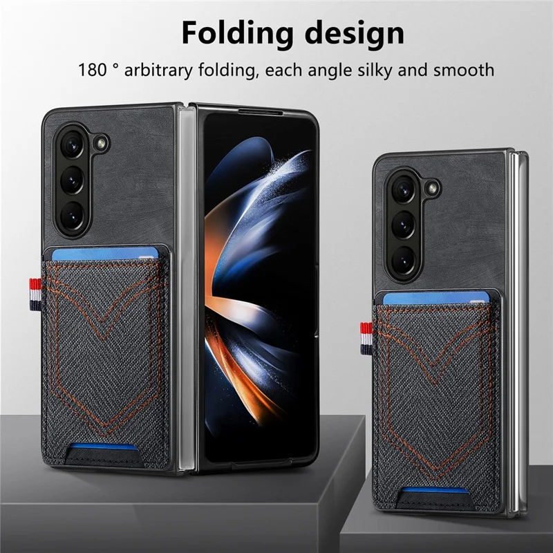 For Samsung Galaxy Z Fold6 5G Case Leather+PC Phone Cover with Denim Texture Card Holder - Black