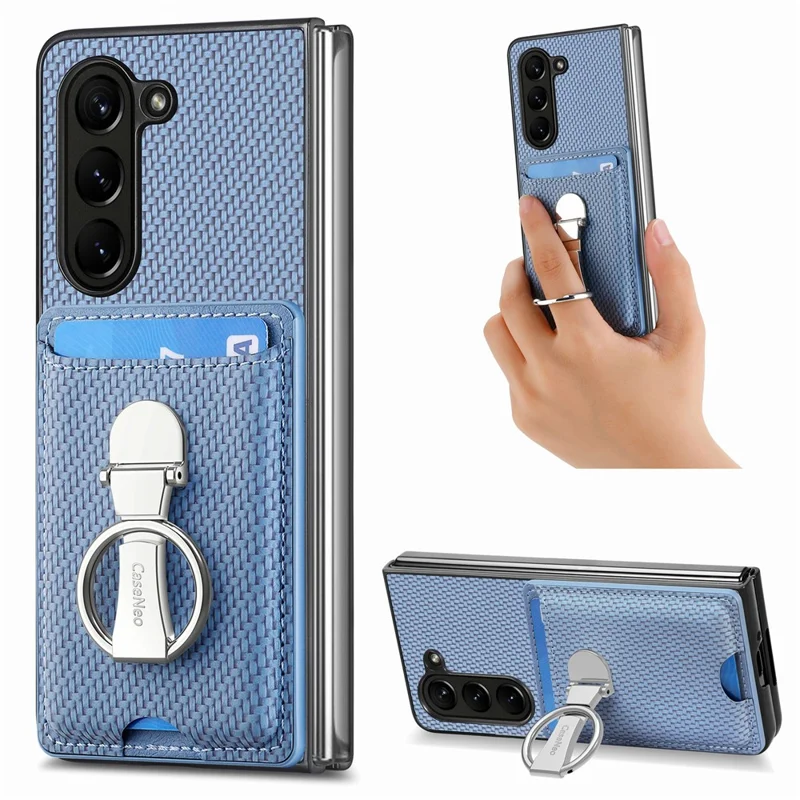 Per Samsung Galaxy Z Fold6 5G Case Card Slot Carbon Fiber Texture Leather+PC Phone Cover - Blu