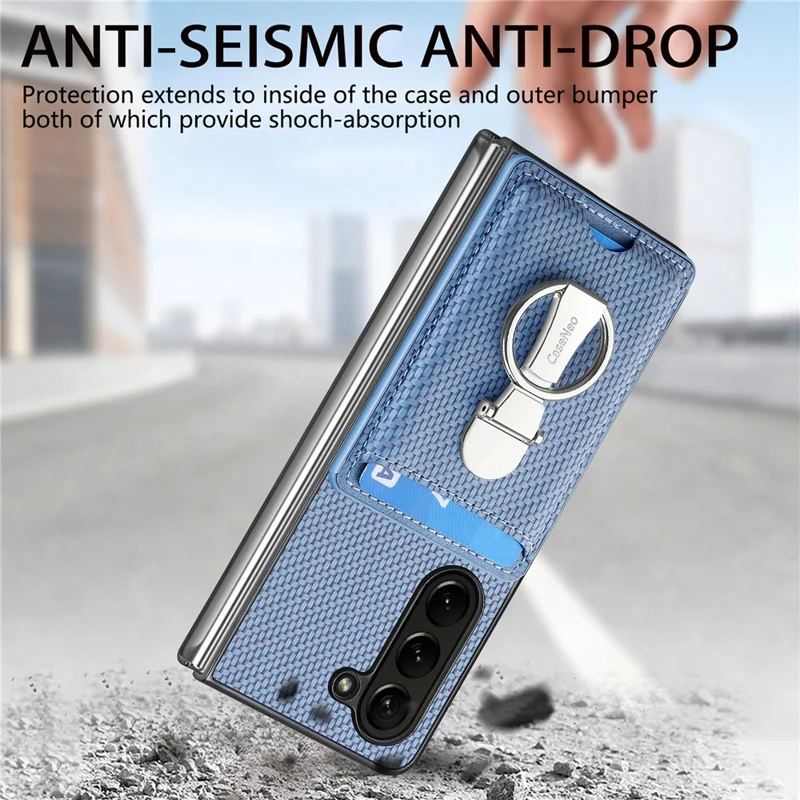 Per Samsung Galaxy Z Fold6 5G Case Card Slot Carbon Fiber Texture Leather+PC Phone Cover - Blu