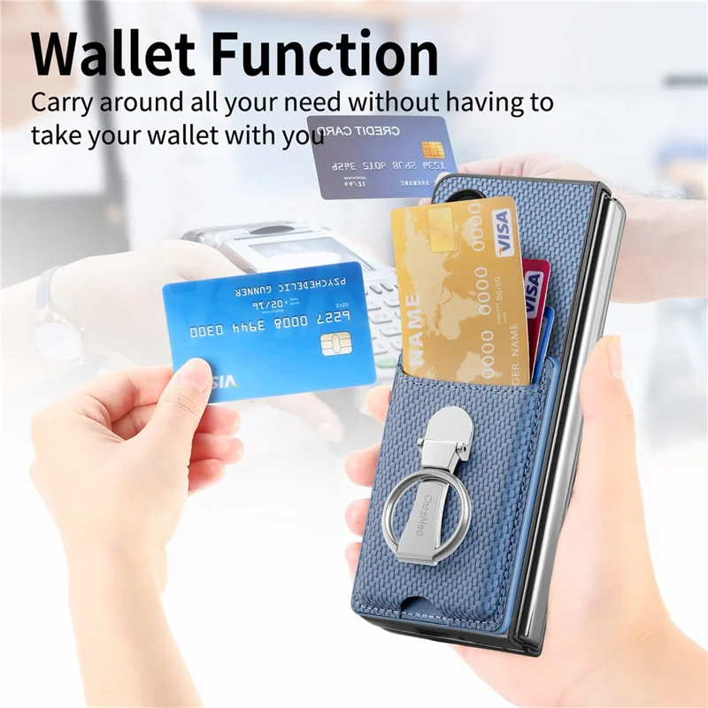 Per Samsung Galaxy Z Fold6 5G Case Card Slot Carbon Fiber Texture Leather+PC Phone Cover - Blu