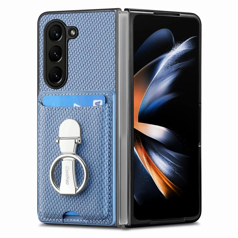 Per Samsung Galaxy Z Fold6 5G Case Card Slot Carbon Fiber Texture Leather+PC Phone Cover - Blu