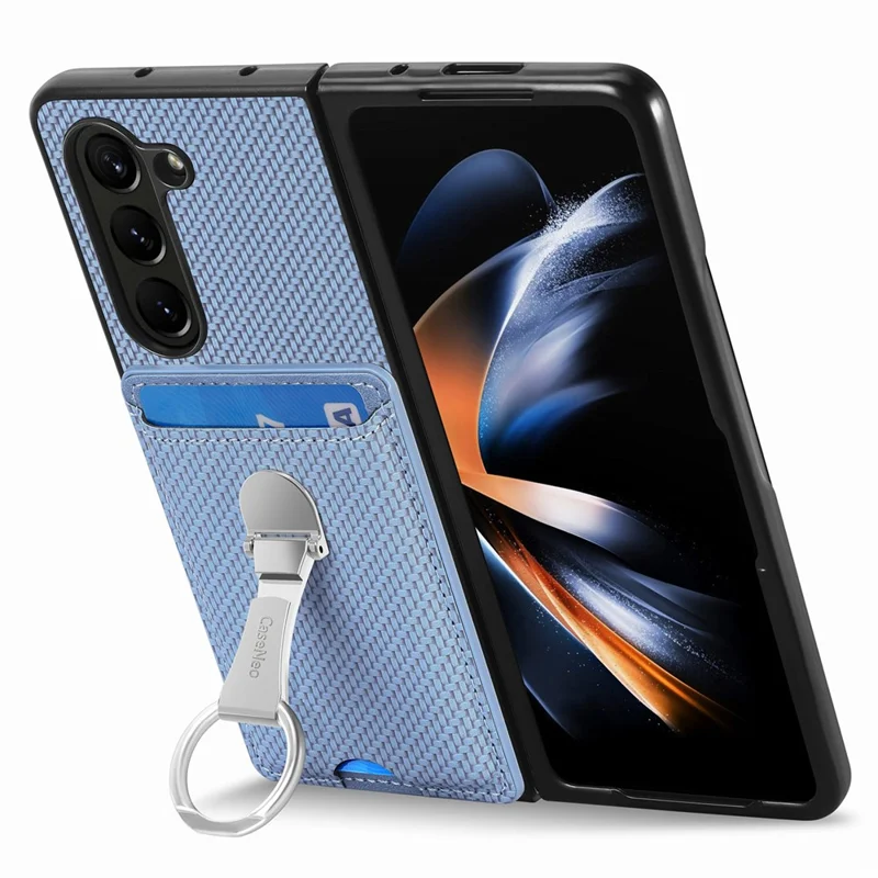 Per Samsung Galaxy Z Fold6 5G Case Card Slot Carbon Fiber Texture Leather+PC Phone Cover - Blu
