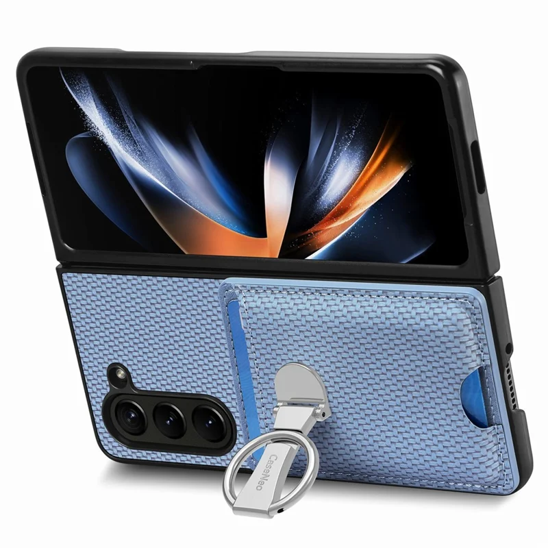 Per Samsung Galaxy Z Fold6 5G Case Card Slot Carbon Fiber Texture Leather+PC Phone Cover - Blu