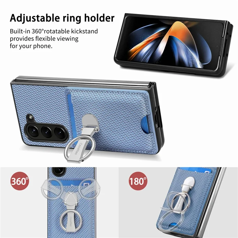 Per Samsung Galaxy Z Fold6 5G Case Card Slot Carbon Fiber Texture Leather+PC Phone Cover - Blu