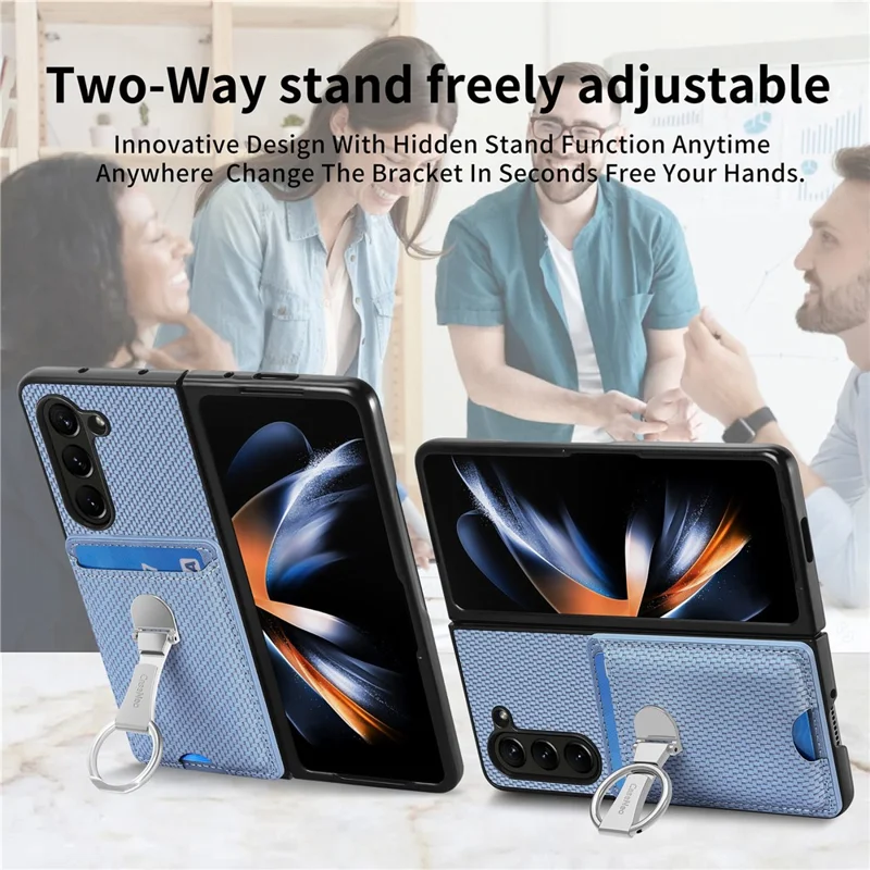 Per Samsung Galaxy Z Fold6 5G Case Card Slot Carbon Fiber Texture Leather+PC Phone Cover - Blu