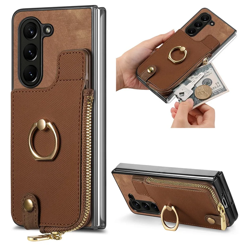 For Samsung Galaxy Z Fold6 5G Case Zipper Pocket Ring Holder Leather+PC Phone Cover - Brown