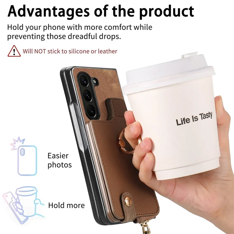 For Samsung Galaxy Z Fold6 5G Case Zipper Pocket Ring Holder Leather+PC Phone Cover - Brown