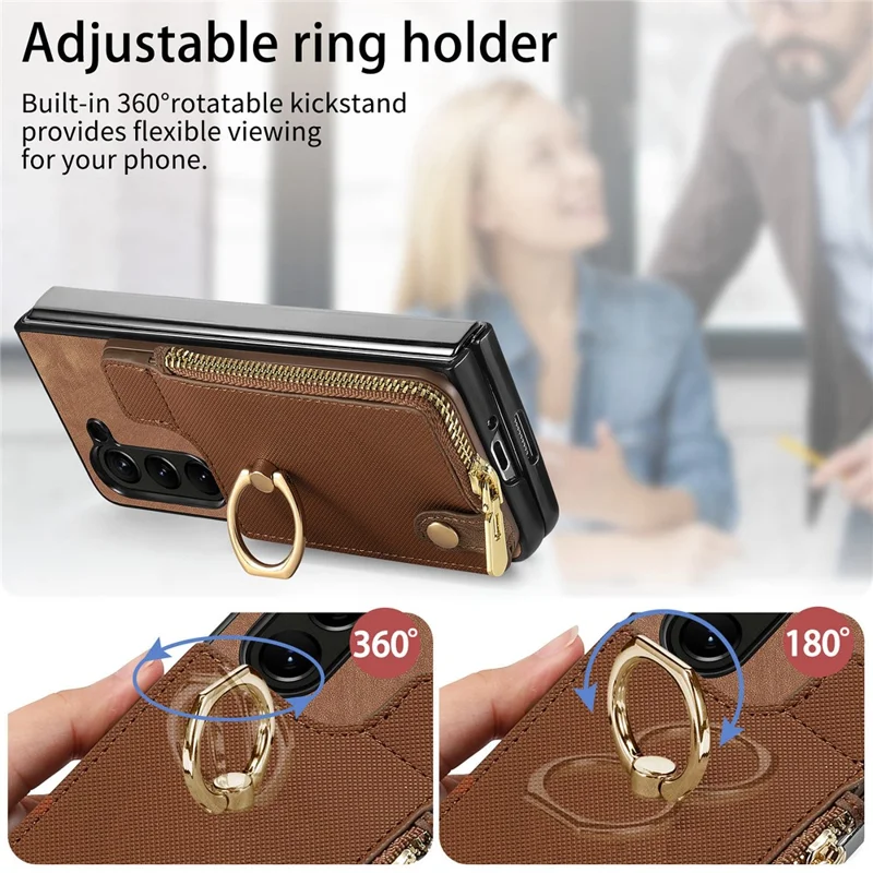 For Samsung Galaxy Z Fold6 5G Case Zipper Pocket Ring Holder Leather+PC Phone Cover - Brown