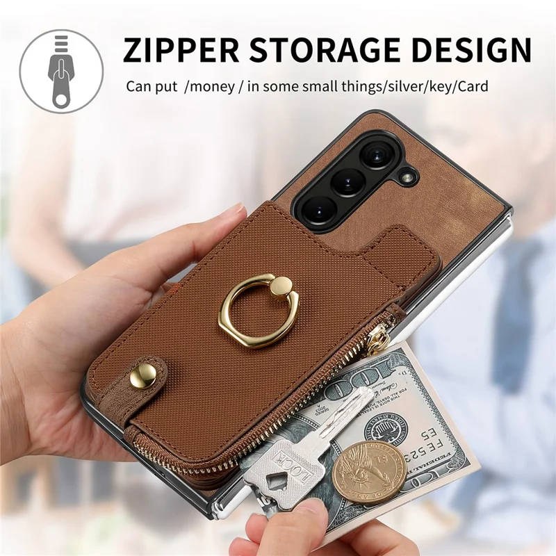 For Samsung Galaxy Z Fold6 5G Case Zipper Pocket Ring Holder Leather+PC Phone Cover - Brown