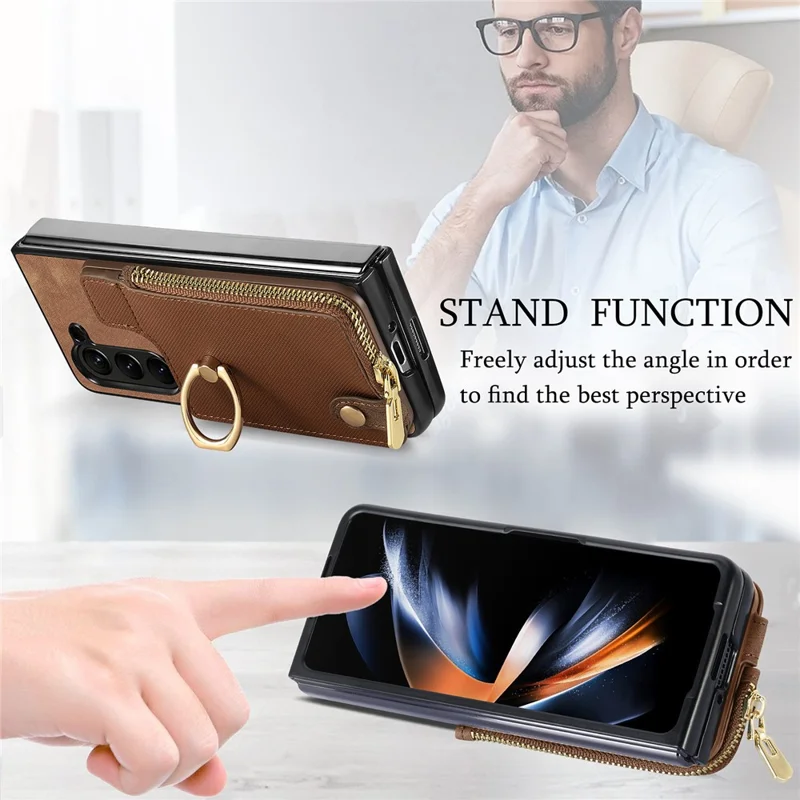For Samsung Galaxy Z Fold6 5G Case Zipper Pocket Ring Holder Leather+PC Phone Cover - Brown