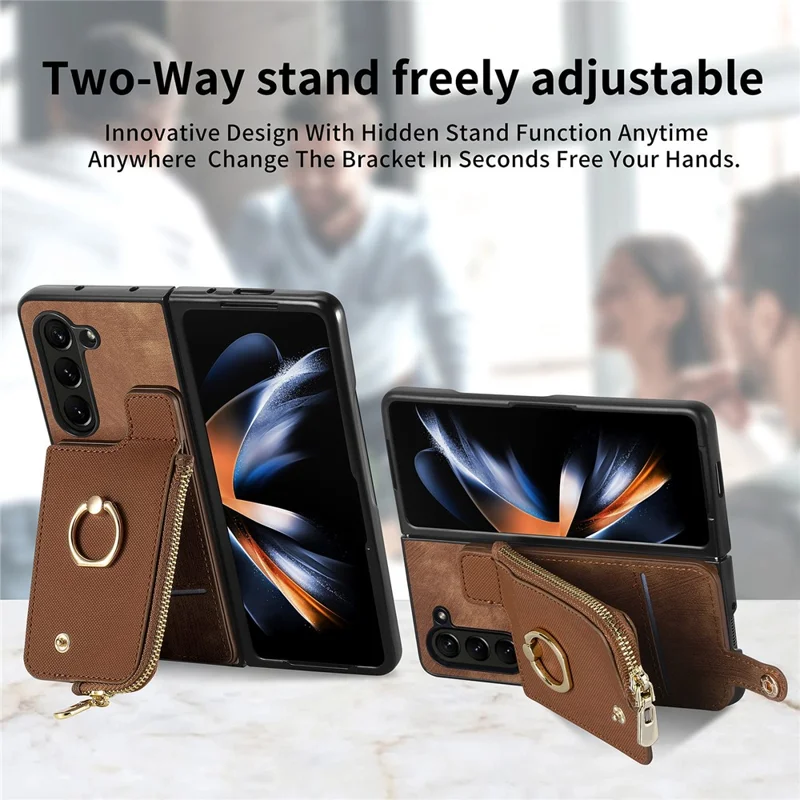 For Samsung Galaxy Z Fold6 5G Case Zipper Pocket Ring Holder Leather+PC Phone Cover - Brown