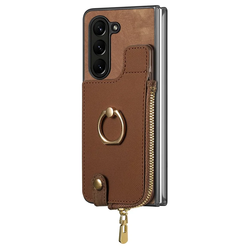 For Samsung Galaxy Z Fold6 5G Case Zipper Pocket Ring Holder Leather+PC Phone Cover - Brown