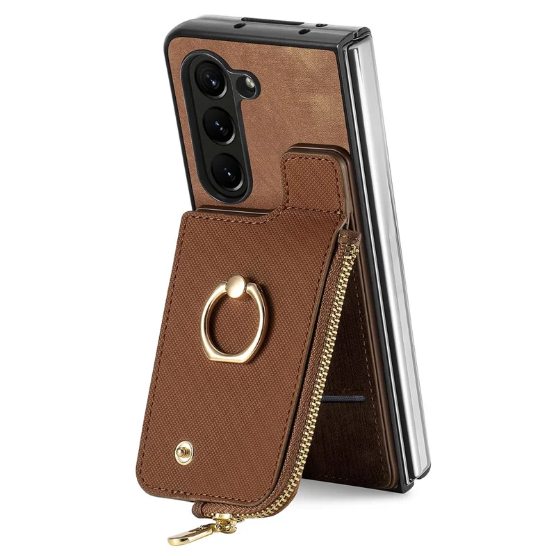 For Samsung Galaxy Z Fold6 5G Case Zipper Pocket Ring Holder Leather+PC Phone Cover - Brown