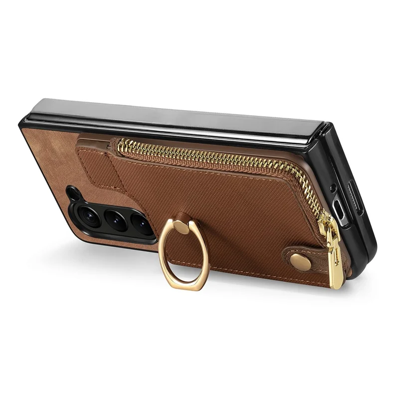For Samsung Galaxy Z Fold6 5G Case Zipper Pocket Ring Holder Leather+PC Phone Cover - Brown
