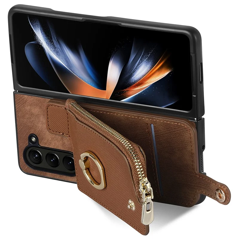 For Samsung Galaxy Z Fold6 5G Case Zipper Pocket Ring Holder Leather+PC Phone Cover - Brown