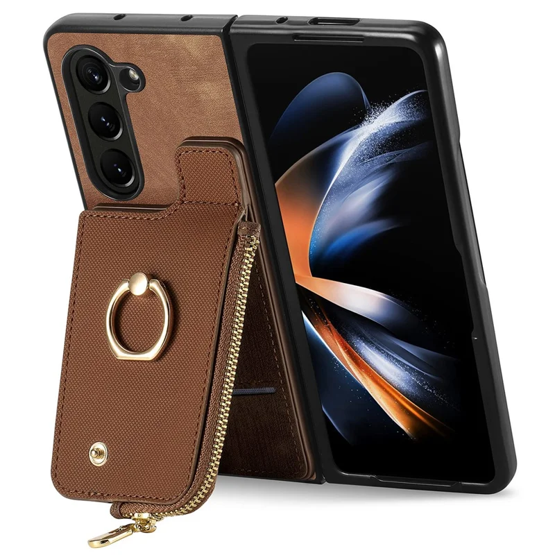 For Samsung Galaxy Z Fold6 5G Case Zipper Pocket Ring Holder Leather+PC Phone Cover - Brown