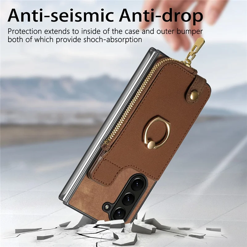 For Samsung Galaxy Z Fold6 5G Case Zipper Pocket Ring Holder Leather+PC Phone Cover - Brown