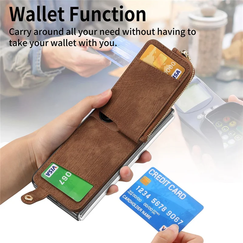 For Samsung Galaxy Z Fold6 5G Case Zipper Pocket Ring Holder Leather+PC Phone Cover - Brown