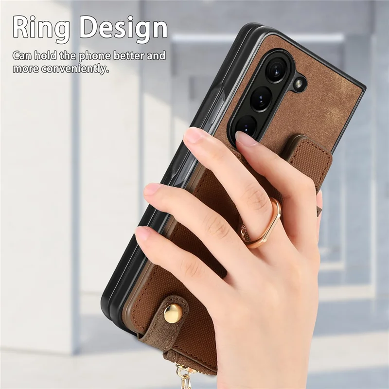 For Samsung Galaxy Z Fold6 5G Case Zipper Pocket Ring Holder Leather+PC Phone Cover - Brown