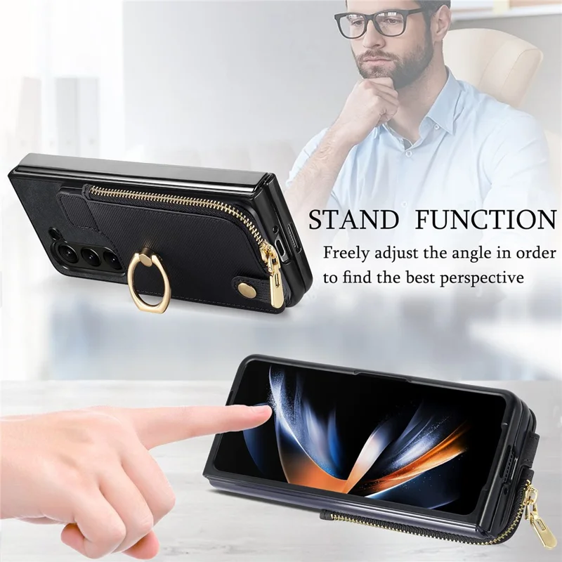 D8 Pour Samsung Galaxy Z Fold6 5G Étui à Glissière Pocket Ring Holder Cuir + pc Couverture - Noir