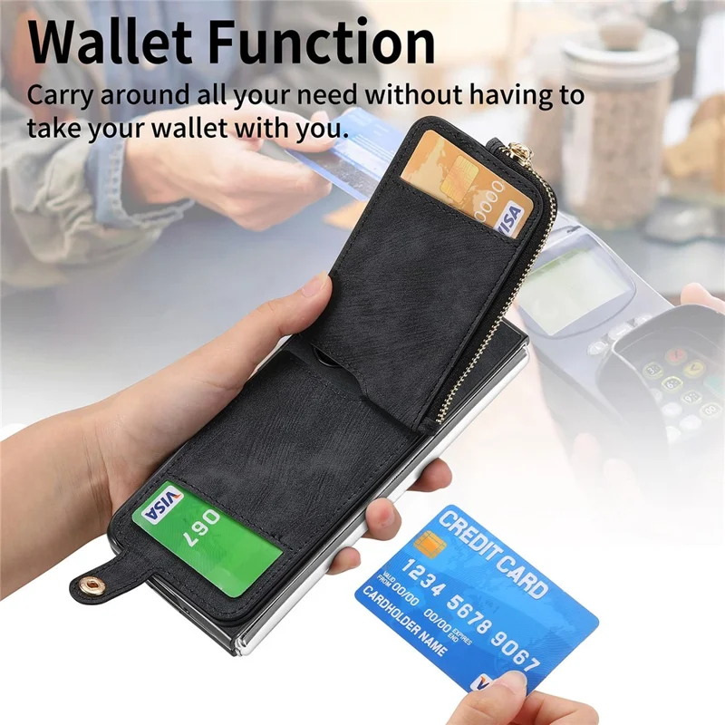 D8 Pour Samsung Galaxy Z Fold6 5G Étui à Glissière Pocket Ring Holder Cuir + pc Couverture - Noir