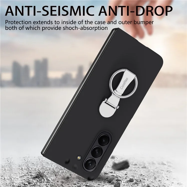 Para Samsung Galaxy Z Fold6 5G Capa Suporte de Anel PC Cover com Película de Vidro Temperado - Preto