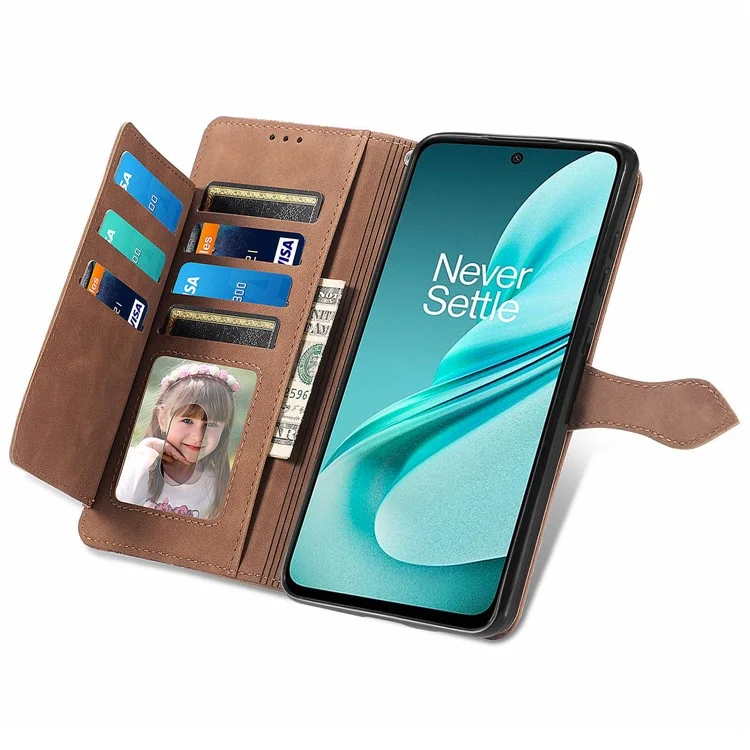 Para o Caso do OnePlus Nord N30 SE 5G Capa de Telefone em Couro com Estampa Floral e Bolso para Dinheiro - Marrom