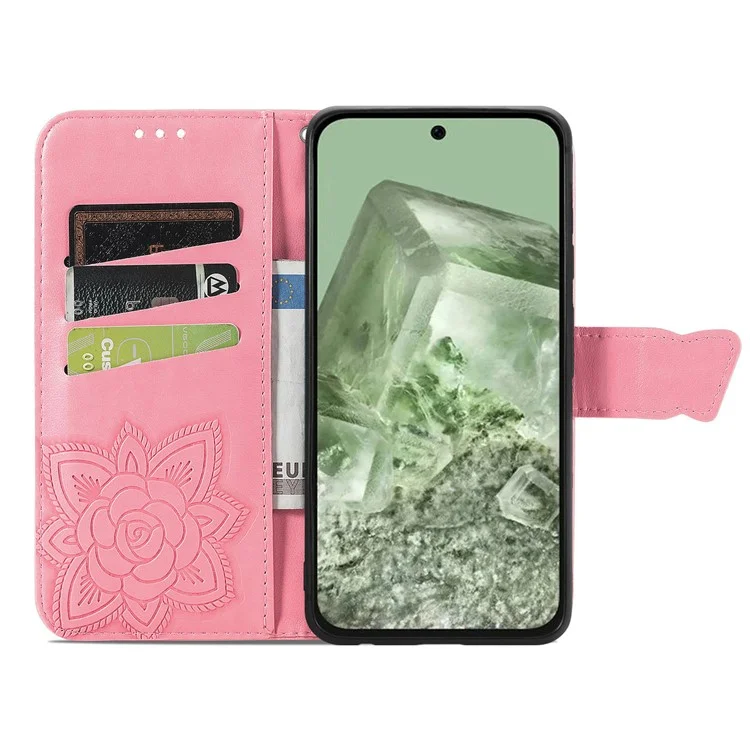 Per Google Pixel 8a Case Butterfly Leather Wallet Stand Phone Cover - Pink