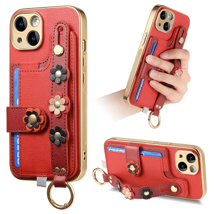 W2 For iPhone 15 Case Leather + TPU 3D Flower Ästhetische Handyhülle mit Kartenfach - Rot
