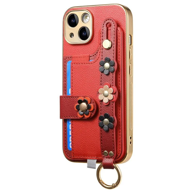 W2 For iPhone 15 Case Leather + TPU 3D Flower Ästhetische Handyhülle mit Kartenfach - Rot