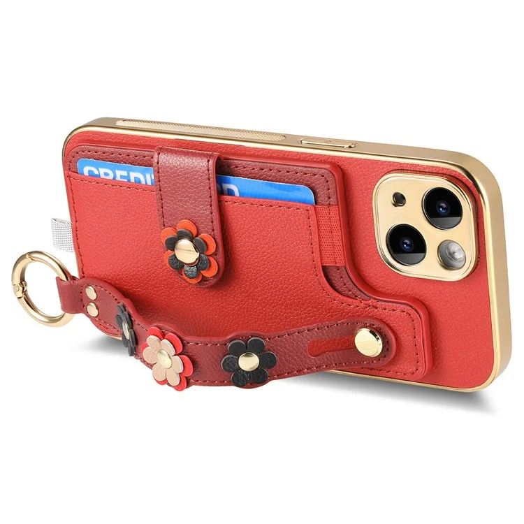 W2 For iPhone 15 Case Leather + TPU 3D Flower Ästhetische Handyhülle mit Kartenfach - Rot