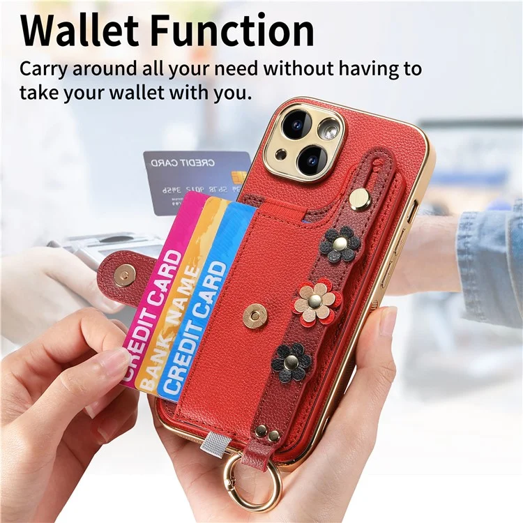 W2 For iPhone 15 Case Leather + TPU 3D Flower Ästhetische Handyhülle mit Kartenfach - Rot