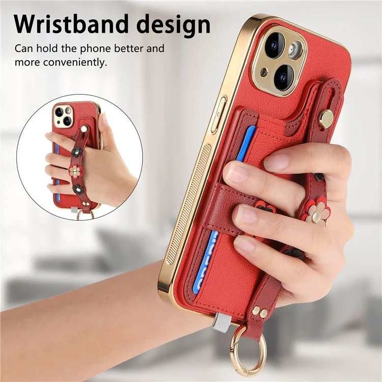 W2 For iPhone 15 Case Leather + TPU 3D Flower Ästhetische Handyhülle mit Kartenfach - Rot