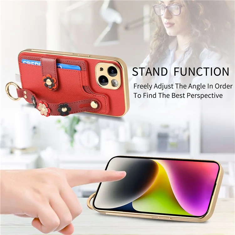 W2 For iPhone 15 Case Leather + TPU 3D Flower Ästhetische Handyhülle mit Kartenfach - Rot
