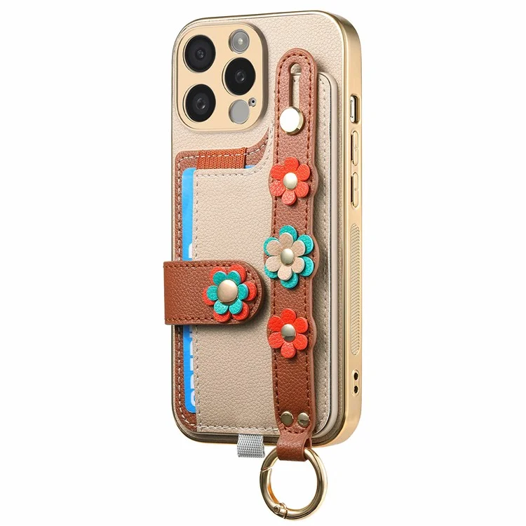 Étui W2 pour iPhone 15 Pro Case 3D Flower Leather Soft TPU Phone Cover Wristband Design - Khaki