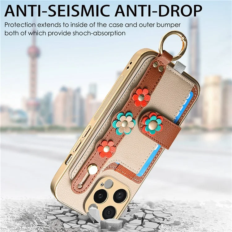 Étui W2 pour iPhone 15 Pro Case 3D Flower Leather Soft TPU Phone Cover Wristband Design - Khaki