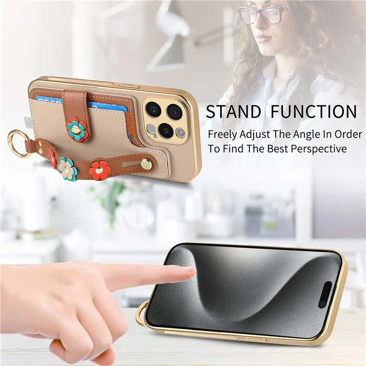 Étui W2 pour iPhone 15 Pro Case 3D Flower Leather Soft TPU Phone Cover Wristband Design - Khaki