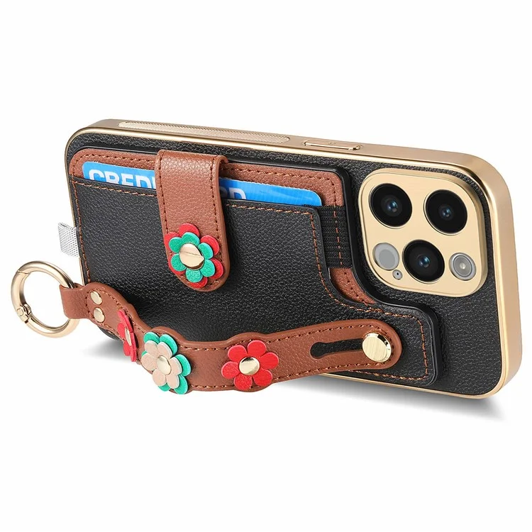 W2 Per iPhone 14 Pro Case Custodia in Pelle 3D Flower Kickstand Cover Button Hook Design - Nero