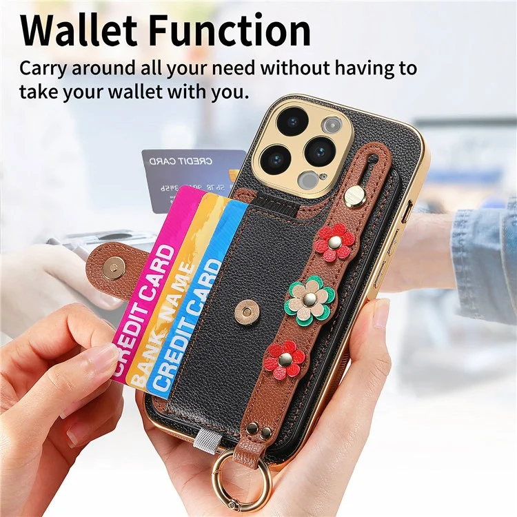 W2 Per iPhone 14 Pro Case Custodia in Pelle 3D Flower Kickstand Cover Button Hook Design - Nero