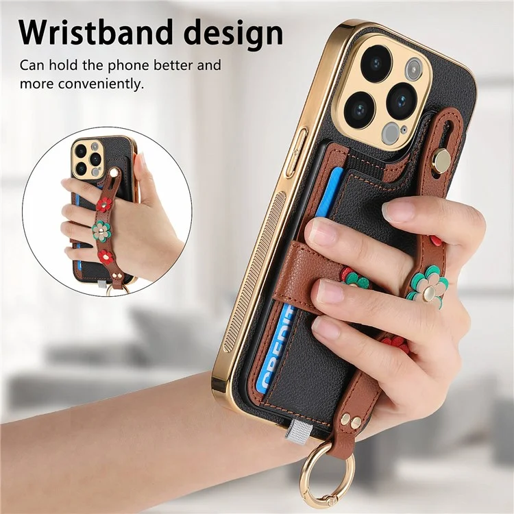 W2 Per iPhone 14 Pro Case Custodia in Pelle 3D Flower Kickstand Cover Button Hook Design - Nero