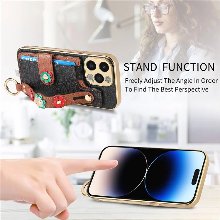 W2 Per iPhone 14 Pro Case Custodia in Pelle 3D Flower Kickstand Cover Button Hook Design - Nero