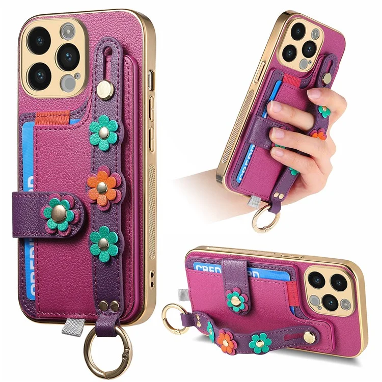 W2 For iPhone 14 Pro Max Case Kickstand Leather Back Protective Cover 3D Flower - Purple