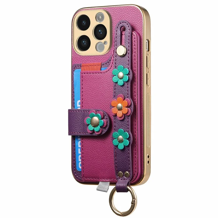 W2 For iPhone 14 Pro Max Case Kickstand Leather Back Protective Cover 3D Flower - Purple