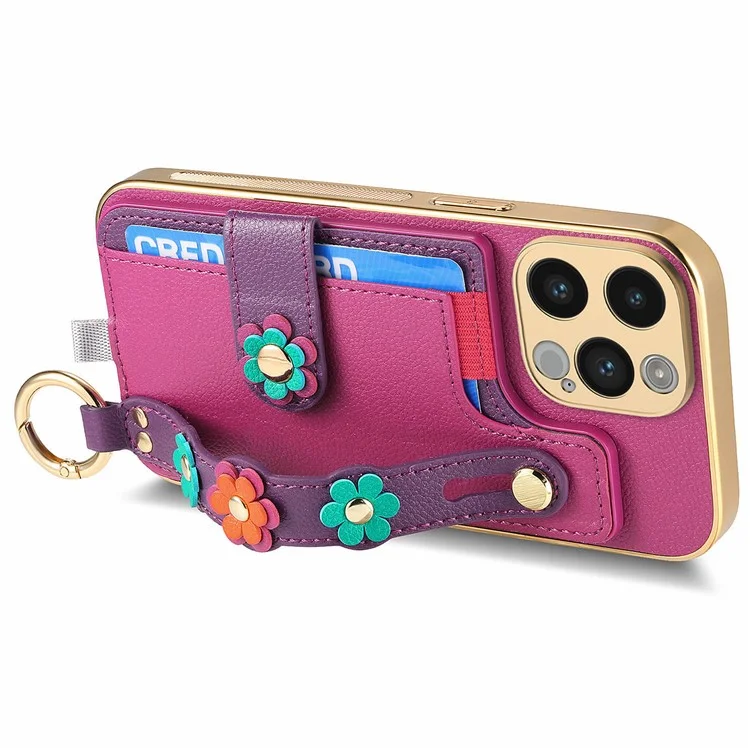 W2 For iPhone 14 Pro Max Case Kickstand Leather Back Protective Cover 3D Flower - Purple