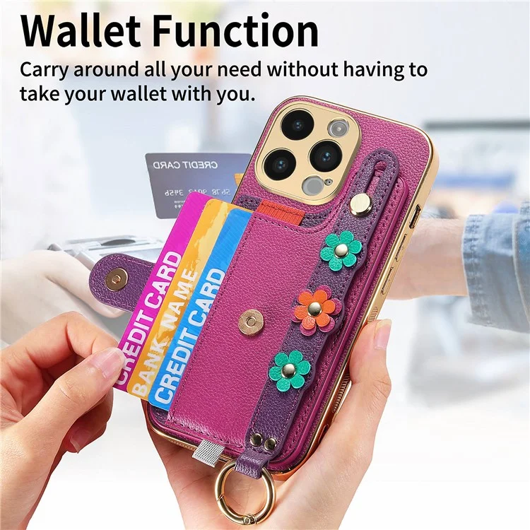 W2 For iPhone 14 Pro Max Case Kickstand Leather Back Protective Cover 3D Flower - Purple