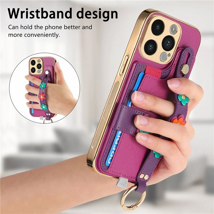 W2 For iPhone 14 Pro Max Case Kickstand Leather Back Protective Cover 3D Flower - Purple