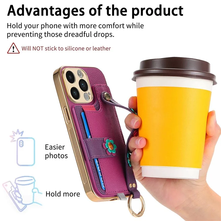 W2 For iPhone 14 Pro Max Case Kickstand Leather Back Protective Cover 3D Flower - Purple