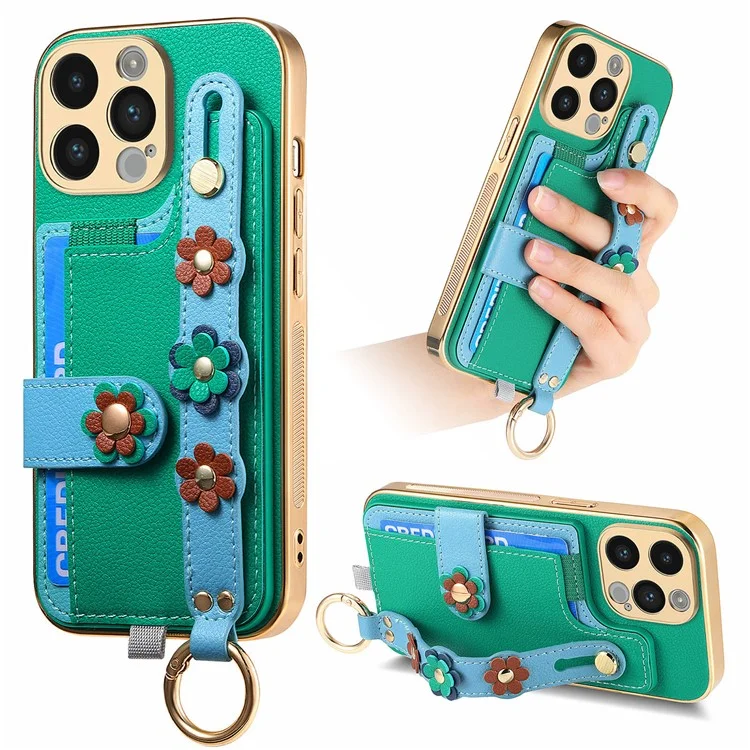 W2 For iPhone 14 Pro Max Case Kickstand Leather Back Protective Cover 3D Flower - Green