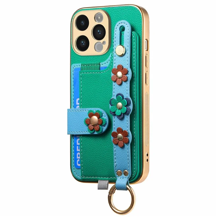 W2 For iPhone 14 Pro Max Case Kickstand Leather Back Protective Cover 3D Flower - Green