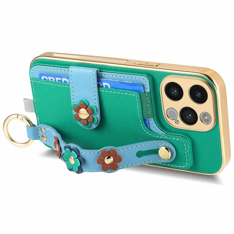 W2 For iPhone 14 Pro Max Case Kickstand Leather Back Protective Cover 3D Flower - Green